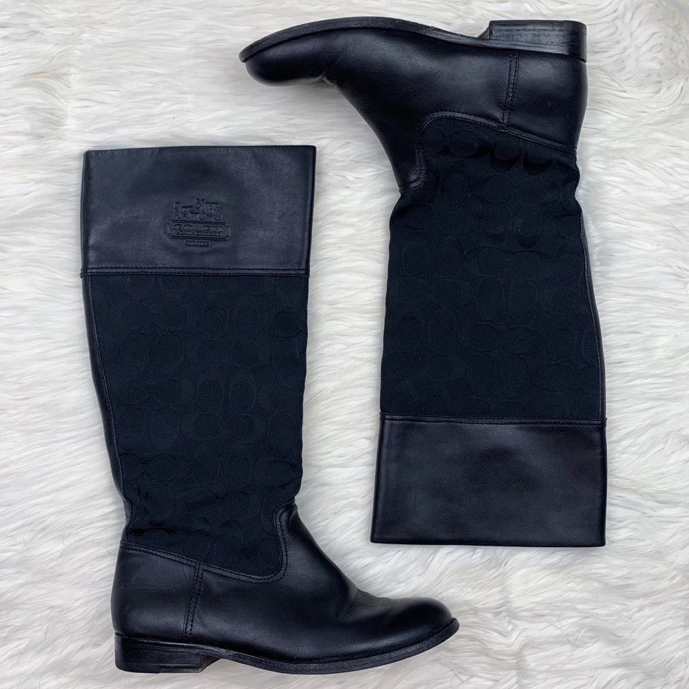 Coach‎ Black Signature Panel Leather Knee-High Heeled Boots